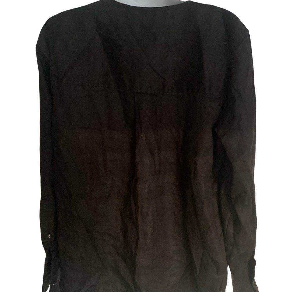 Elle Tahari Linen Shirt - M black linen  collarless , button front - Picture 4 of 5